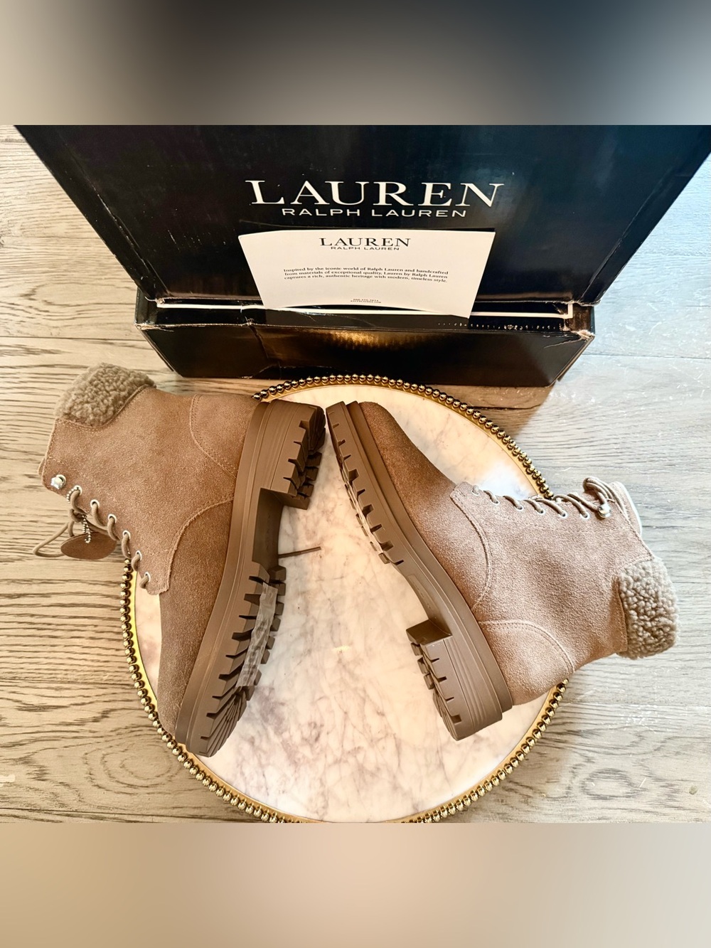 RALPH LAUREN Women Carlee Truffle Calf Suede Shearling Trim Boots | Sz. 6 (NWB)